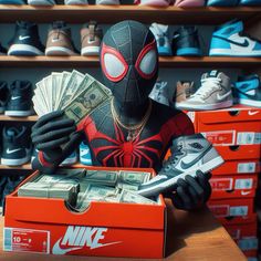 a spider - man with money in his hands and shoes on the shelves behind him