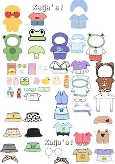 paper doll clothes and hats are arranged on a white background