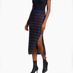 The Carson Midi-Skirt From Rag & Bone Is Crafted Of A Striped Metallic Open Knit With A Rib-Knit Waistband. A Side Thigh-High Slit Completes This High-Waisted Style. Pull-On Style Thigh-High Slit 57% Cotton/43% Polyester Dry Clean Size & Fit About 32" Long Model Measurements: 5'10" Tall Model Is Wearing A Us Size Small York Aesthetic, Skirt Purple, Downtown New York, New York Aesthetic, Knit Midi Skirt, British Heritage, High Waist Fashion, Knit Midi, Open Knit