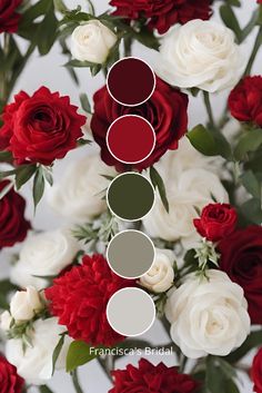 red and white roses arranged in the shape of a flower arrangement with text overlay