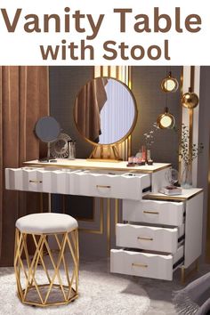 the vanity table with stool is in white and gold