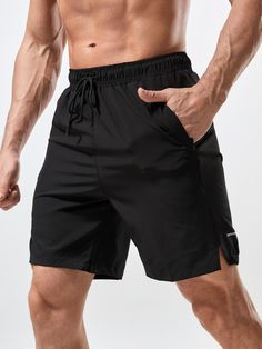 Black Sporty   Polyester   Embellished Slight Stretch  Men Activewear Stylish Men Wear, Gym Wear Men, Fitness Men, Sportswear Outfits, Gym Outfit Men, Running Shorts Men, Short Men Fashion