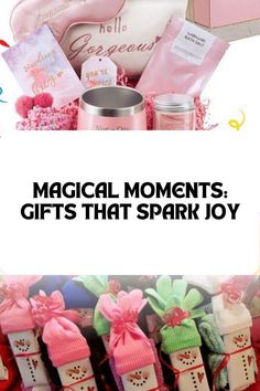 a pink box filled with lots of gift items and the words, magical moments gifts that spark joy