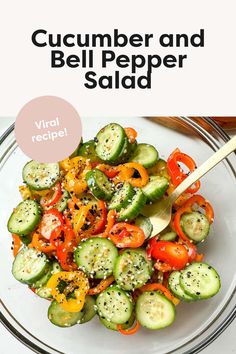 cucumber and bell pepper salad in a glass bowl