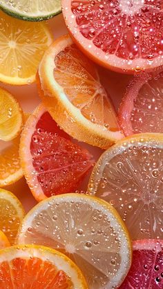 several slices of citrus fruit with drops of water on the top and bottom, including grapefruit