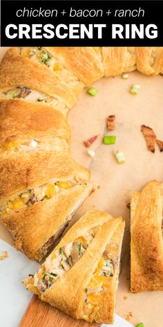 chicken bacon and ranch crescent ring on a cutting board with text overlay that says crescent ring