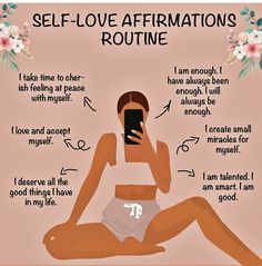 a woman sitting on the ground with her cell phone in her hand and texting about self - love affirmations