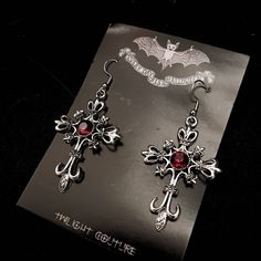 Lady Vamp earrings  Simple new silver Cross with central blood red gem. Perfect for vampire vibes.,  sturdy earring with stainless steel hook Handmade to order. Ready in 3-5 days. May take longer during busy times Gala Movie, Accessories Alt, Vampire Accessories, Alt Jewelry, Vampire Vibes, Jewelry Alternative, Vampire Earrings, Vampire Clothes, Vampire Girl