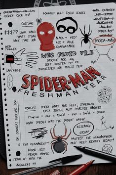 a spiderman notebook with some writing on it