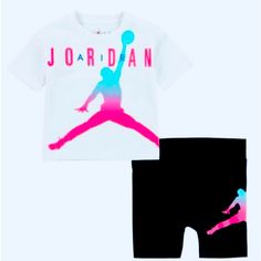 Nike Air Jordan 2pc Set Outfit * Size: 3 Toddler * Brand: Jordan * Color: Whiteblack * 2 Piece Set * Bike Shorts * Elastic Waistband * T-Shirt * Snug Fit * New W/Tags Please Stop By My Store I Have Different Size Jordan Air Bike Short. Crafted With Soft, Premium Fabric, This T-Shirt And Short Set Ensures All-Day Comfort And Great Style. The Shorts Are Made Of Light Mesh Fabric Which Provides Added Comfort. The Air Jordan Logo At The Chest Of The Top Brings In An Iconic Look As Your Little Ones E Sweatsuit Outfit, Air Jordan Logo, Air Bike, Nike Set, Jordan Logo, African Lace Dresses, Jordan Air, Jogging Suit, Dri Fit Shirt