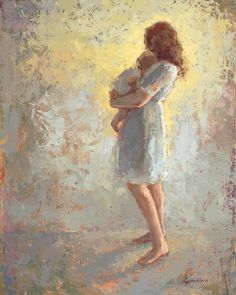 a painting of a woman holding a baby in her arms and looking down at the ground