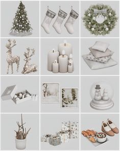 a collage of christmas items including stockings, candles and other holiday decorations in white