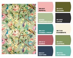 the color scheme for this wallpaper is green, pink and blue with birds on it