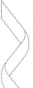 a black and white drawing of a spiral with dotted lines going through the center, as well as an arrow