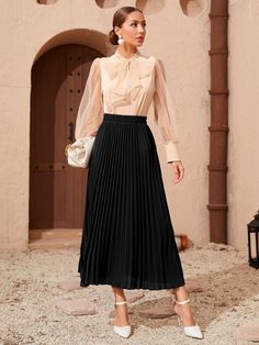 Black Elegant   Polyester Plain Pleated  Slight Stretch Spring/Summer/Fall Women Bottoms Luxury Elegant Skirt For Holidays, Luxury Elegant Pleated Skirt For Spring, Luxury Pleated Long Skirt, Chic Luxury Skirt For Day Out, Luxury Feminine Skirt For Fall, Luxury Chic High-waist Pleated Skirt, Luxury High-waist Chic Pleated Skirt, Luxury Business Casual Skirt, Luxury Elegant Holiday Skirt