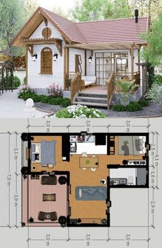 the floor plan for a small house with an attached porch and stairs to the second story