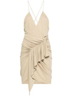 sand beige stretch-jersey crossover neck spaghetti straps ruched detailing draped detailing thigh-length Stretch Draped Dress With Ruched Details, Fitted Ruched Mini Dress With Draped Detail, Beige Ruched Draped Dress, Chic Mini Dress With Ruched Draped Details, Cream Ruched V-neck Dress, Alexander Vauthier, Dress With Draping, Alexandre Vauthier, Sand Beige