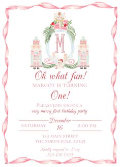 a pink and white birthday party card with the letter m on it's front