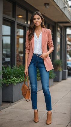 Office Outfit With Ankle Boots, Business Outfit With Jeans, Business Casual Outfits For Women With Boots, Apc Outfits, Boyfriend Blazer Outfit Work, Business Casual Jeans Outfits For Women, Business Casual Outfits With Boots, Jean Office Outfit, Office Bags For Women