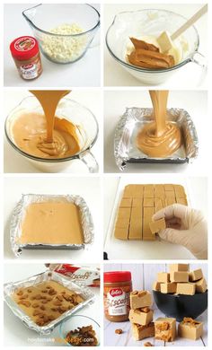 there are many different pictures of peanut butter being poured on to squares and cubes