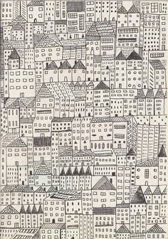 a black and white cityscape with lots of buildings in the background, drawn by hand