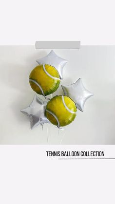 three tennis balls and star shaped balloons on a white background