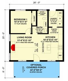 the floor plan for a small house with two bedroom and living room, including an attached bathroom