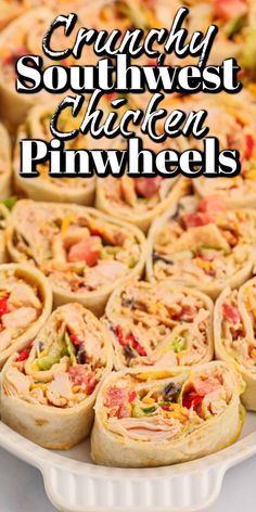 a platter full of chicken pinwheels with text overlay