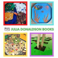 there are four pictures with different things in them and the words julia donalson books