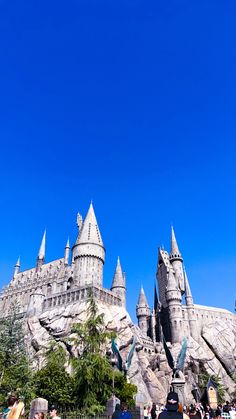 people are standing in front of hogwarts castle at the wizard's village