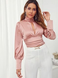 Tie Back Cut-out Front Backless Satin Top | SHEIN USA Velvet Dress Designs, Diy Vetement, Effortlessly Chic Outfits, Satin Blouses, Cute Blouses, Women Blouses, Satin Top, Outfits Casuales