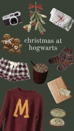 christmas at hogwart's poster with gingerbread cookies, hot chocolate and other holiday items