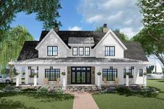 this is an artist's rendering of the front elevation of a house with porches and windows