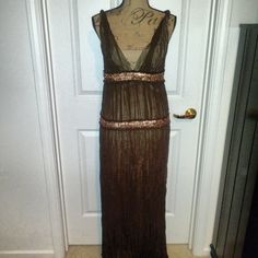 Gorgeous Chocolate Grecian Crinkle Dress Nwt. Low Front Opening. Twisted Shoulder Straps. Copper Sequin Trim. Fully Lined. Very Flattering! No Stretch. Fits Size Slim 8/M Best. (Mannequin Is 5'4") Smoke Free, Pet Free Home. Will Be Packed In A Clean And Sanitized Environment. Thanks For Shopping. Pleated Brown Maxi Dress For Party, Dressy Maxi Dress, Black Lace Evening Gown, Black Halter Neck Dress, Coral Gown, Crinkle Dress, Black Stretch Lace, Red Satin Dress, Womens Wrap Dress