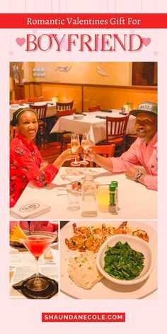 two people sitting at a table with food and drinks in front of them that says romantic valentine's gift for boyfriend