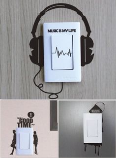 the music is my life light switch plate has headphones on it, and there are three different images