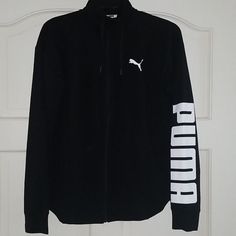 Black Workout Jacket W. Puma Logo Sleeve Black Fleece Workout Outerwear, Black Fleece Outerwear For Workout, Grey Puffer Jacket, Mesh Hoodie, Layering Jacket, Puma Logo, Tracksuit Jacket, Packable Jacket, Duffle Coat