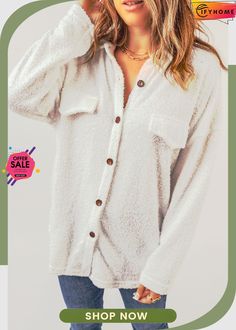 White Plush Button Down Pocketed Shirt Jacket Collared Jacket, Shoulder Stretch, Loose Shirts, Pink Brown, Down Jacket, Shirt Jacket, Puerto Rico, Online Boutique, Clothing Items