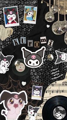 various stickers and decals on a sheet of paper with music notes in the background