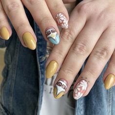 Boho Gel Nail Designs, Outdoorsy Nails Designs, Spring Boho Nails, Boho Nail Art Bohemian, Camping Themed Nails, Vw Nails, Groovy Fall Nails, Summer Camp Nails, Unique Nail Ideas Creative