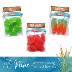 four different types of gummy fish in bags