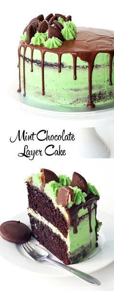 two different pictures of a cake with chocolate and green frosting on it, one has a slice missing