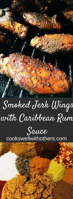 smoked pork wings with caribbean rum sauce on the grill and spices in the foreground