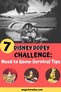 the seven disney dopey challenge is shown in black and white with yellow accents