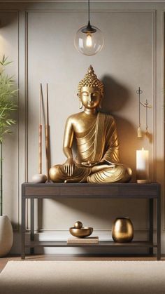 a golden buddha statue sitting on top of a wooden table