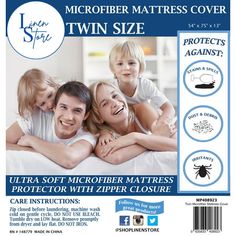 a flyer for a mattress store with two children and an adult laying on the bed