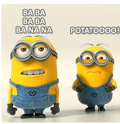 three minion characters in different poses with the caption'ba ba ba banana potato '