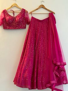 Haldi Outfits For Bridesmaid, Pink Colour Lehenga, Rani Pink Lehenga, Fashion Course, Cultural Clothing, Haldi Outfits, Marriage Dress, Half Saree Lehenga, Rani Pink