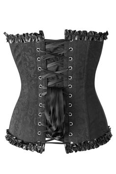 This stunningly simple black overbust is the perfect corset to celebrate your love of Gothic and Steampunk style. Fetching ruffles along the bustline and across the hem add a touch of femininity and all this is topped off with a pretty black bow at the centre of the bustline. Pair it up with a pair of jeans or a long flowing skirt depending on your preference and the style you wish to create. The pattern on the corset shimmers in low light and the lightweight steel bones (coupled with the soft l Steampunk Style Underbust Corset With Ruffles, Steampunk Underbust Corset With Ruffles, Underbust Ruffled Corset For Halloween, Halloween Underbust Corset With Ruffles, Gothic Underbust Corset With Ruffles, Gothic Overbust Corset With Attached Cancan, Black Underbust Corset Dress With Attached Cancan, Fitted Ruffle Corset For Alternative Fashion, Gothic Corset With Attached Cancan