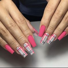 Burberry Nails, Neon Pink Nails, Multicolored Nails, Sassy Nails, Diy Acrylic Nails